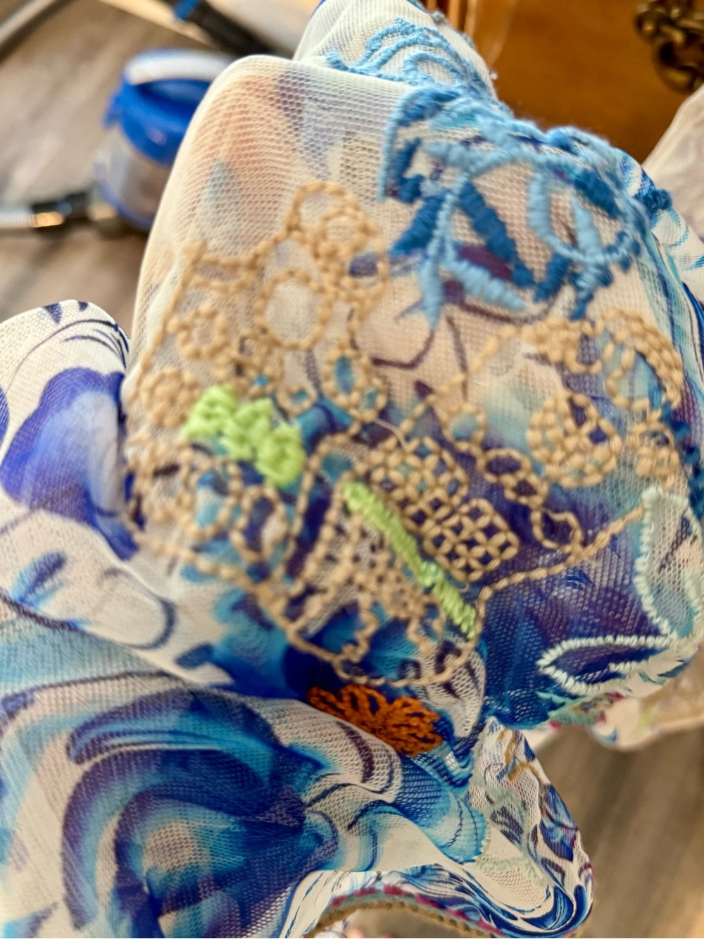 Biya by Johnny Was Embroidered Mesh Midi Dress - Chinoiserie Blue White M - Picture 5 of 7